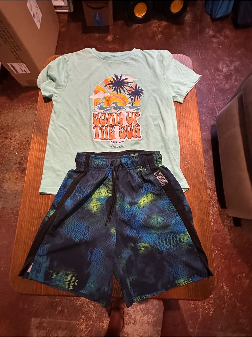 Athletic Works Mint Graphic Tee with Blue-Green Swim Shorts